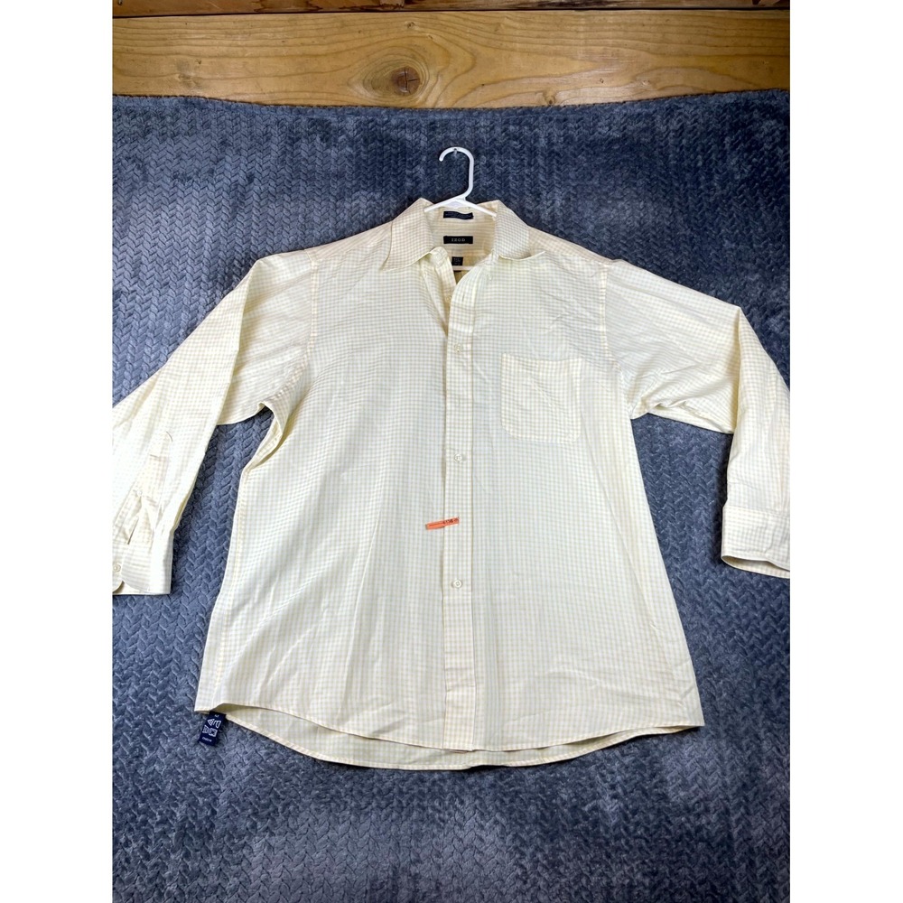 Izod Dress Shirt Mens L 16.5 32-33 White Yellow Gingham Check Office Wear Formal